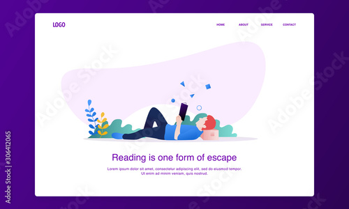 Illustration of man reading a book while lying on the ground with nature background. Modern flat design concept, landing page template.