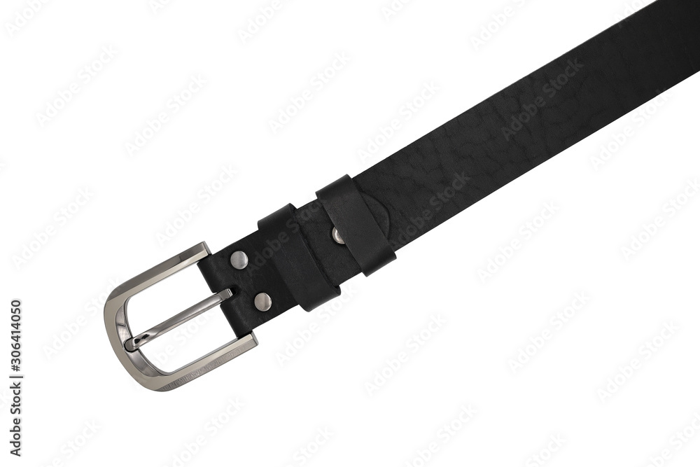 Black leather strap with metal buckle isolated on white background Black leather strap with metal buckle isolated on white background