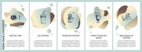Abstract creative coffee set with copy space for text and hand draw coffe icons. Vector concept for coffee shop house, cafe with blue modern liquid background. Template for website, app.