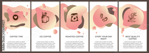 Abstract creative coffee set with copy space for text and hand draw coffe icons. Vector concept for coffee shop house, cafe with pink modern liquid background. Template for website, app.