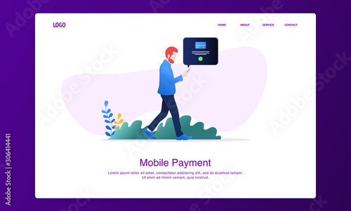 Illustration of man making mobile online payment while walking. Modern flat design concept, landing page template.
