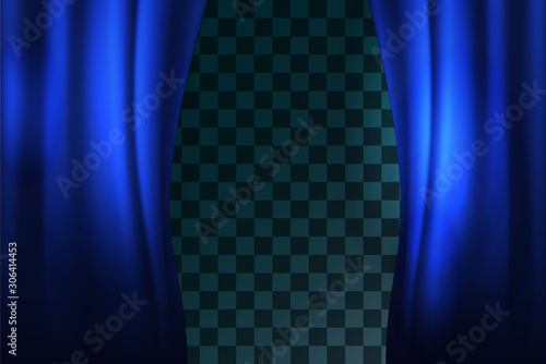 Blue curtain on theater or cinema stags. Realistic Opened Stage Curtains on a Transparent Background Element Of Interior Decoration Place for Your Text. Vector illustration of Curtain