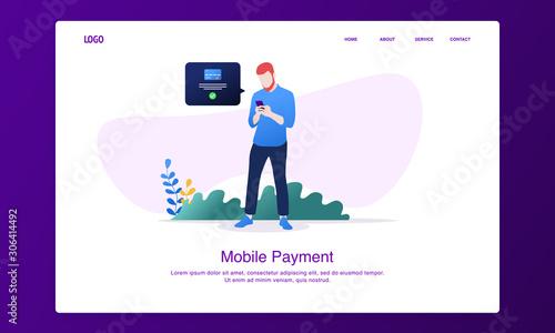 Illustration of man making mobile online payment while standing. Modern flat design concept, landing page template.