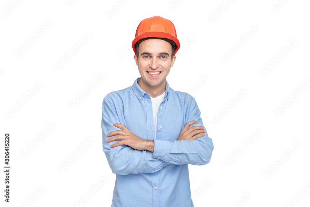 Builder in hardhat, man smiling, isolated background, copy space