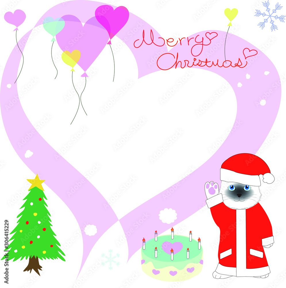 Christmas card. Merry Christmas. greeting card with Birman cat illustration in  Vector