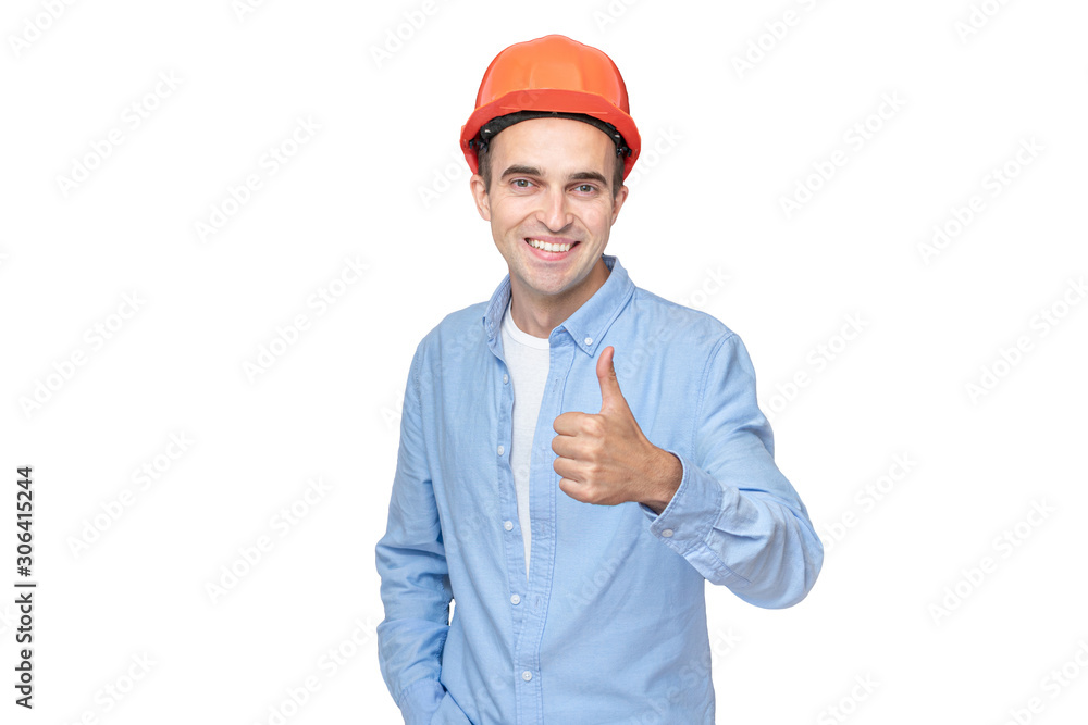 Builder in hardhat, man smiling and shows thumb up, isolated background, copy space Builder in hardhat, man smiling and shows thumb up, isolated background, copy space