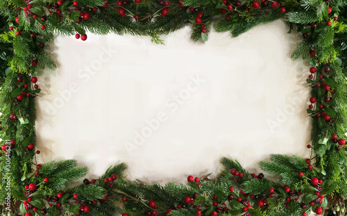 green spruce branches and red berries borders for Christmas card or Christmas frame