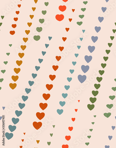 Seamless pattern of heart arrow strokes. Abstract texture. Heart rain, heart arrows, eyewater loving cardiac theme. Spring bright colored background. Vector. 8 EPS