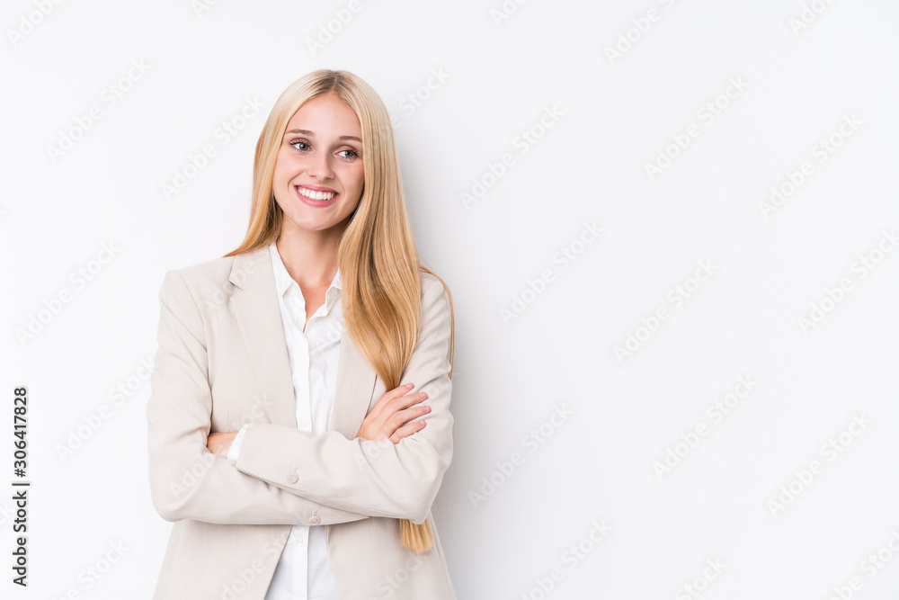 Young business blonde woman on white background smiling confident with crossed arms. Young business blonde woman on white background smiling confident with crossed arms.