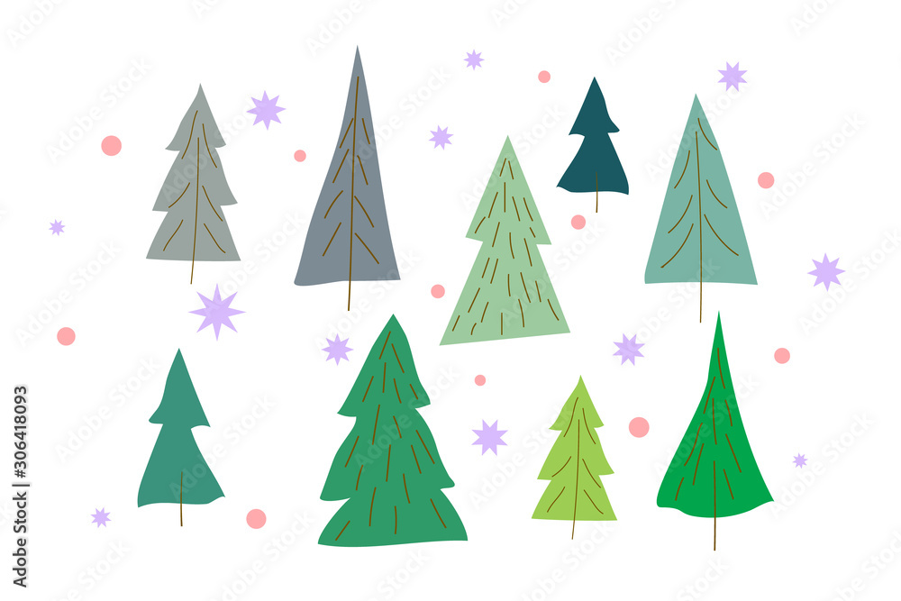 Set of Christmas trees in a children's cartoon style. Scandinavian simplified Christmas tree design. Vector illustration isolated on a white background.