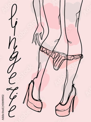 girl in heels takes off her panties, hand-drawn line illustration