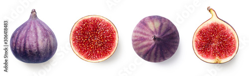 Fresh whole and sliced fig on white background