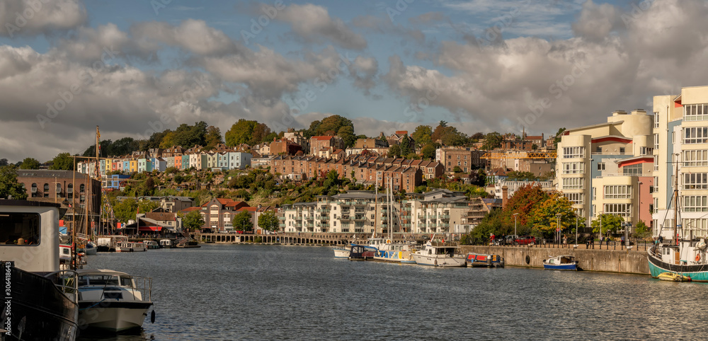 Panoramic view of Hotwells and Clifton from Bristol Docks, UK