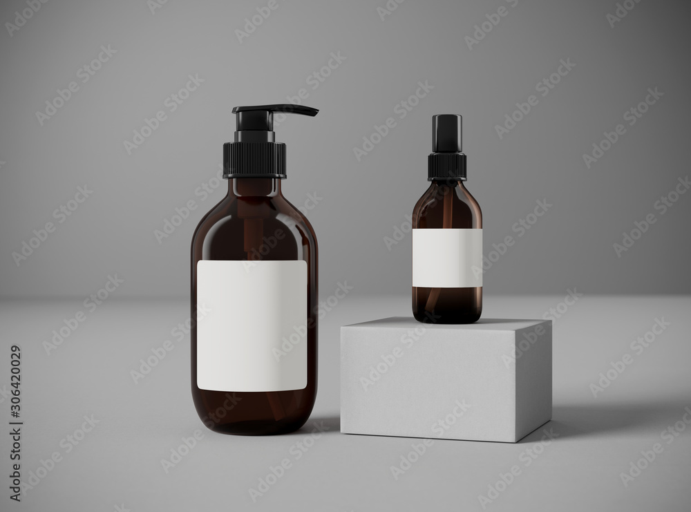 Minimal background for branding and packaging presentation. Cosmetic bottle on grey podium and grey background. 3d rendering illustration.