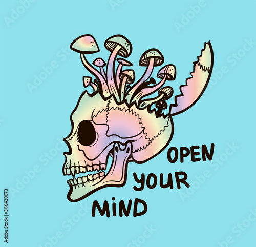 rainbow skull with growing mushrooms, psy art illustration