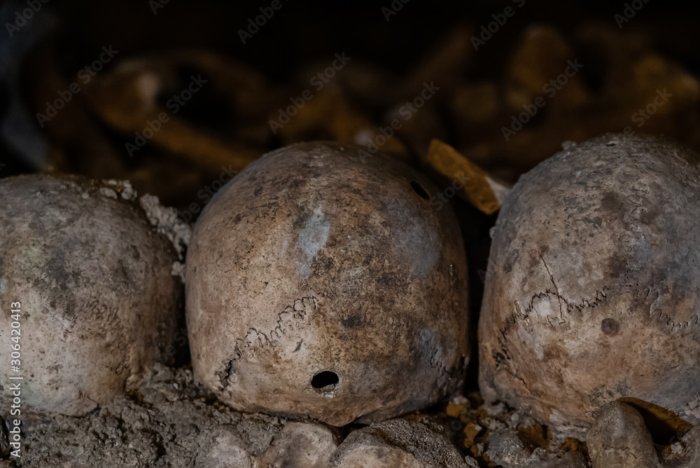 Skull with a bullet hole. Skulls and bones in catacombs. Old skull with hole placed on the bones. Underground cemetery Skull with a bullet hole. Skulls and bones in catacombs. Old skull with hole placed on the bones. Underground cemetery