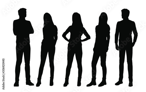 Vector silhouettes of  men and a women, a group of standing business people, black color isolated on white background