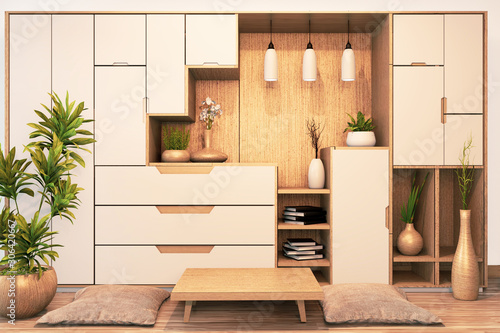 Design Cabinet shelf wooden japanese style on Empty room minimal .3D rendering © Interior Design