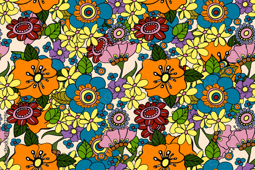 seamless pattern with bright flowers in the style of the 70s