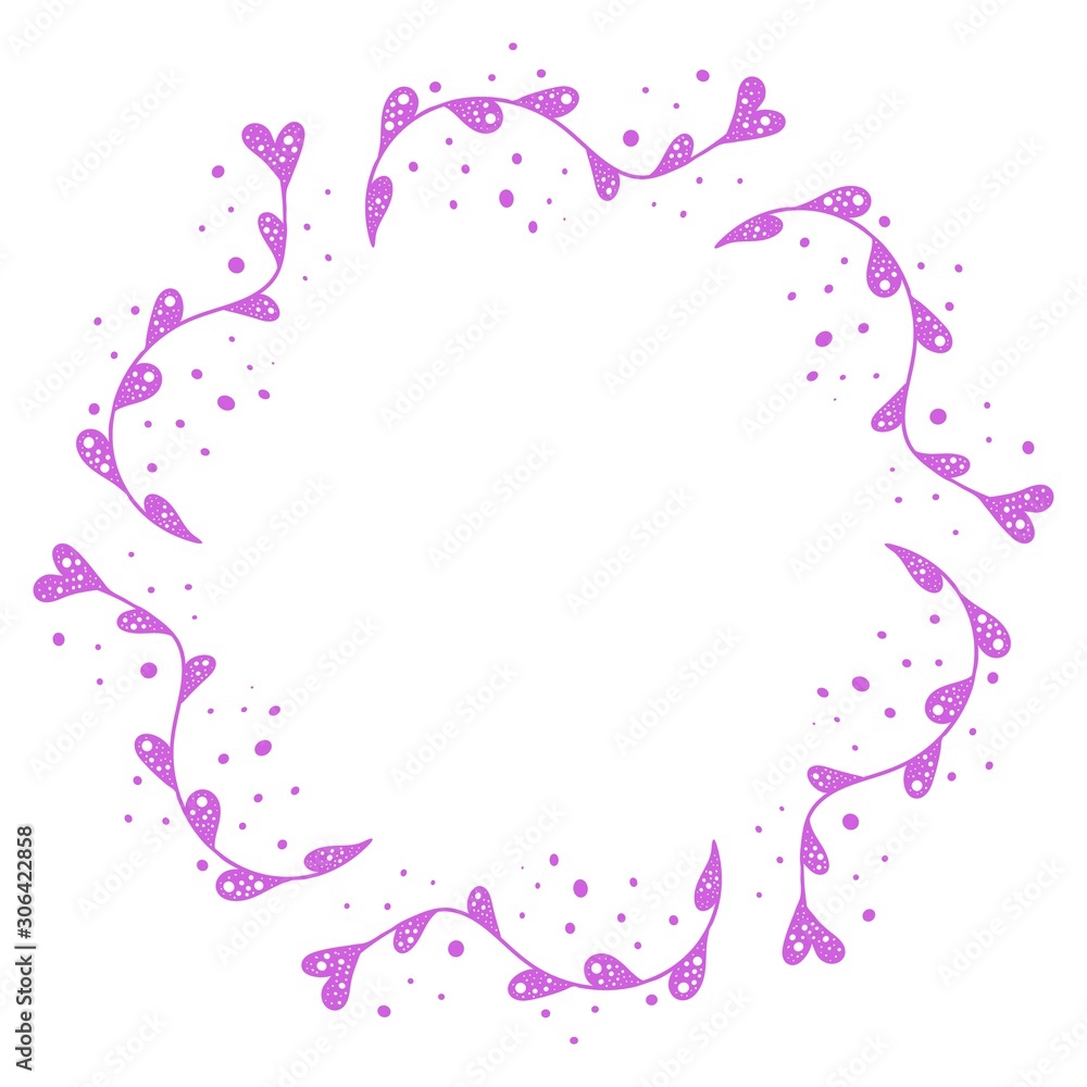 Decorative frame with pink flowers in the shape of a heart. Polka dot plant. Design for Valentine s Day. Illustration for website design, magazine cover, scrapbooking, booklets. Space for text Decorative frame with pink flowers in the shape of a heart. Polka dot plant. Design for Valentine s Day. Illustration for website design, magazine cover, scrapbooking, booklets. Space for text