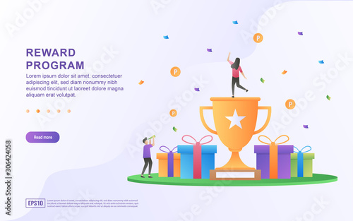 Reward program concept design, people getting cash rewards and gift from online shopping, Cash back program for customers. Suitable for web landing page, marketing material, mobile app, web banner.