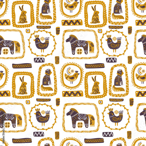 Folk art animals in Scandinavian style seamless pattern. Nordic background with fox, hare, horse, birds ornament. Forest folklore vector illustration. Perfect for wrapping paper, wallpaper, textile