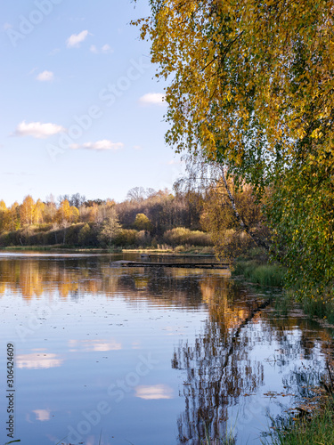 colorful autumn landscape by the lake, golden autumn, colorful trees and reflections