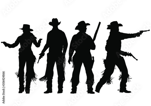 Vector silhouettes of wild-west gunslingers, outlaws, lawmen and cowboys. photo