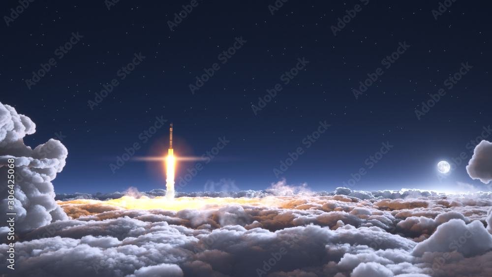Rocket flies through the clouds on moonlight - obrazy, fototapety, plakaty 