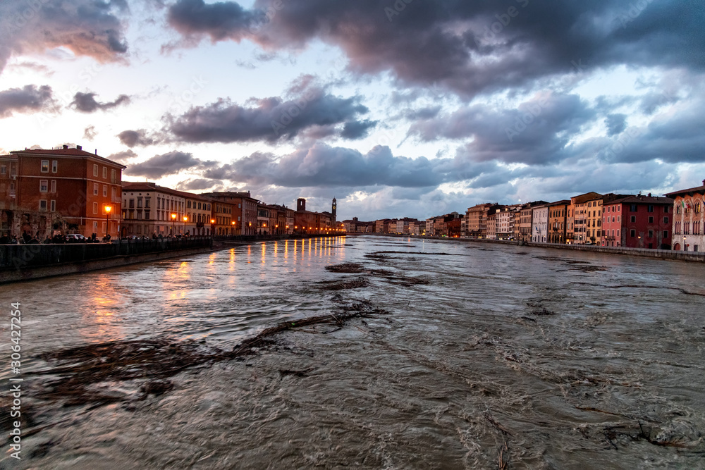 View of the Arno river from the bridge during the swollen