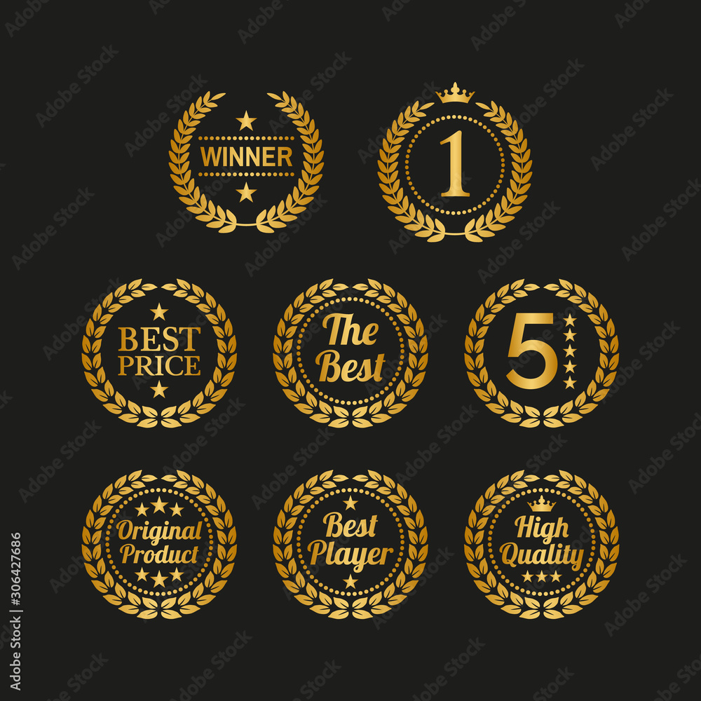 Set of golden laurel wreaths on black background.