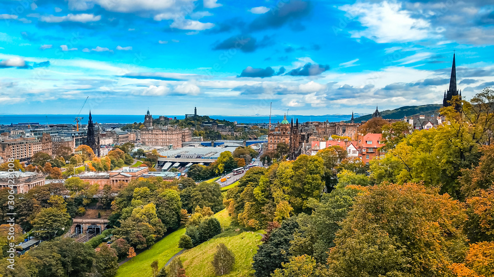 Aerial cityscape top view of Edinburgh in Scotland, UK. Popular medieval ancient city.