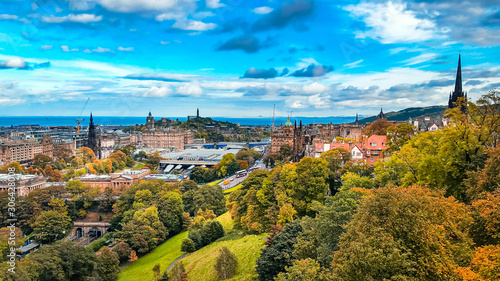 Aerial cityscape top view of Edinburgh in Scotland, UK. Popular medieval ancient city.