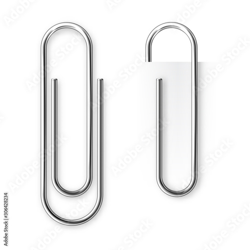 Realistic metal paper clip isolated on white background. Page holder, binder. Vector illustration.