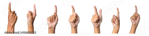 Male hand gesture and sign collection isolated over white background, set of multiple pictures