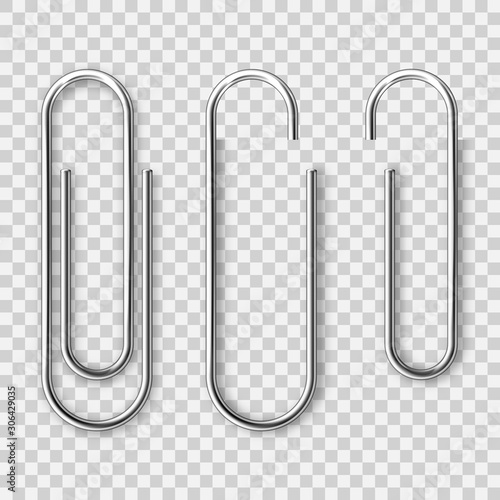 Realistic metal paper clip isolated on transparent background. Page holder, binder. Vector illustration. photo