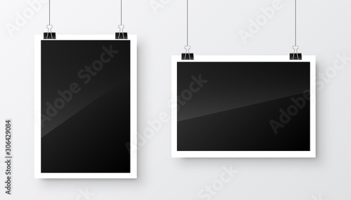 Photo card frame, film hanging on paper clips. Digital snapshot image. Photography art. Photograph template or mockup for design. Vector illustration.