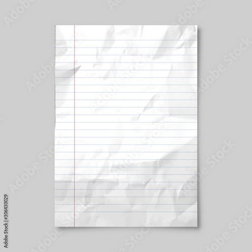 Realistic blank lined crumpled paper sheet with shadow in A4 format isolated on gray background. Notebook or book page. Design template or mockup. Vector illustration.