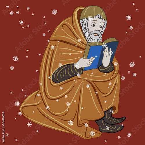 Sitting medieval man reading a book or bible under snowflakes. Christmas winter motif.