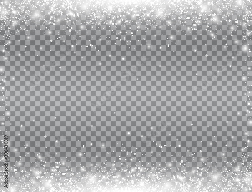 Shining snow border. Snow falling on transparent background. Merry Christmas card. Magic snowfall. Winter design elements for card, poster, web banner. Vector illustration