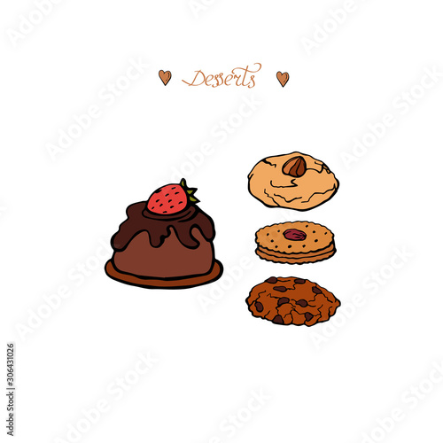 Set of desserts bakery cake and cookies isolated on white background. Hand drawn illustration. photo