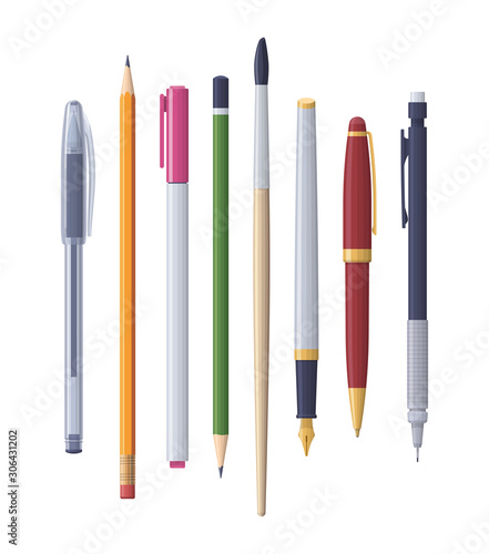 Pen pencil brush sharp. Vector flat isolated stationery set