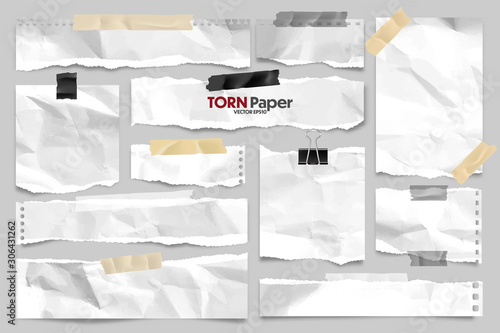 White ripped crumpled paper strips collection. Realistic paper scraps with torn edges and adhesive tape. Sticky notes, shreds of notebook pages. Vector illustration.