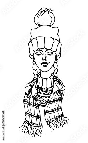 Wallpaper Mural cute blonde girl with pigtails in scandinavian sweater, knitted hat and plaid scarf, vector illustration with black contour lines isolated on white background in hand drawn style Torontodigital.ca