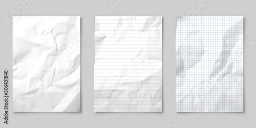 Realistic blank lined crumpled paper sheet with shadow in A4 format isolated on gray background. Notebook or book page. Design template or mockup. Vector illustration.