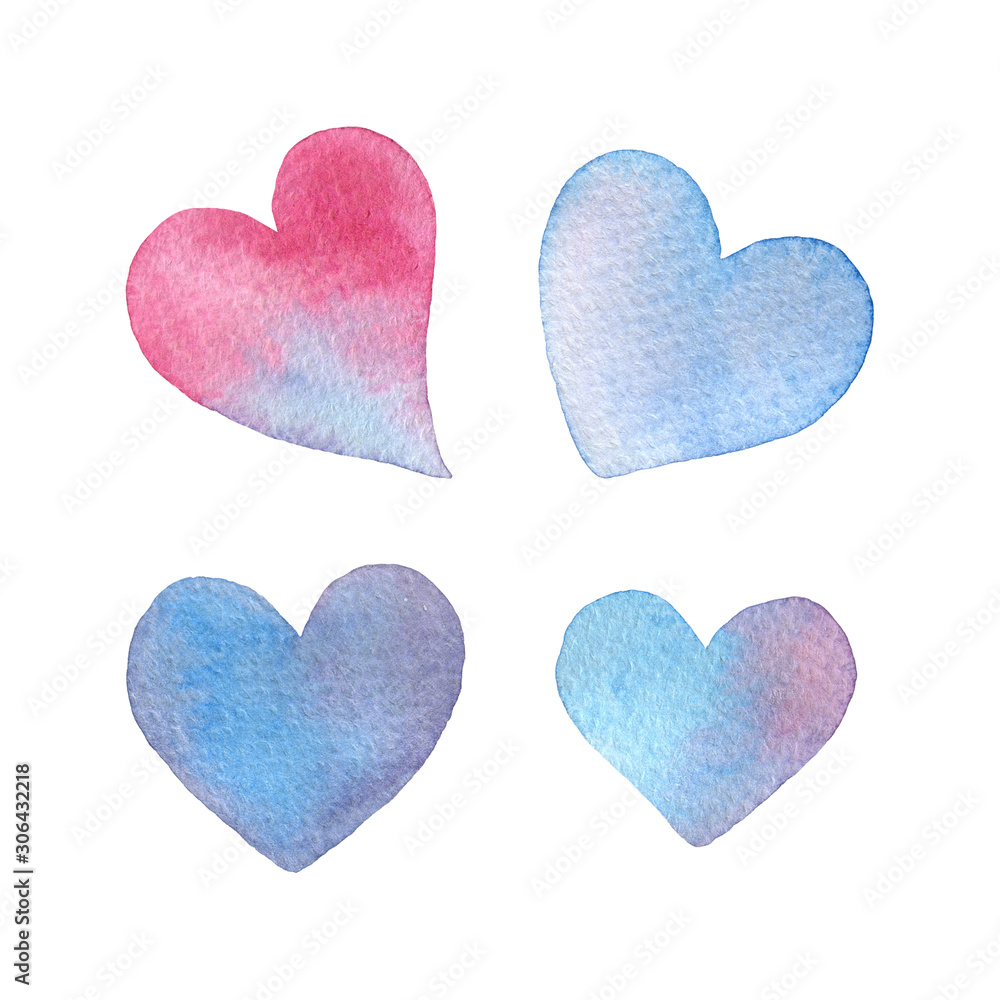 Set of blue and pink watercolor hearts isolated on a white background. Hand drawn illustration for Valentine's Day decoration
