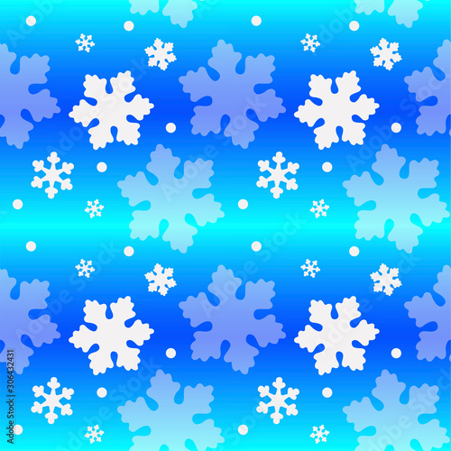 Seamless winter pattern with snowflakes on a bright blue and blue background. Delicate bright winter pattern - white and translucent snowflakes - blizzard on ice rink - vector