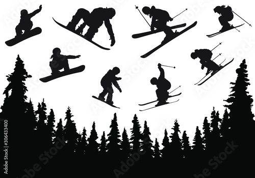 Vector silhouettes of kids and teens skiing and snowboarding. 