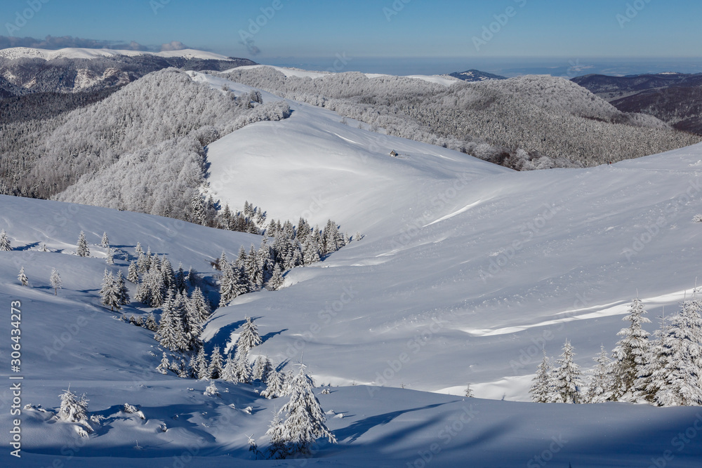 Winter panorama of mountains on a sunny day. Carpathians.