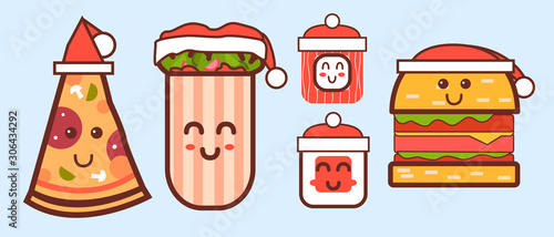 cute christmas sushi, roll, burger, pizza, shawarma in new year hat vector illustration